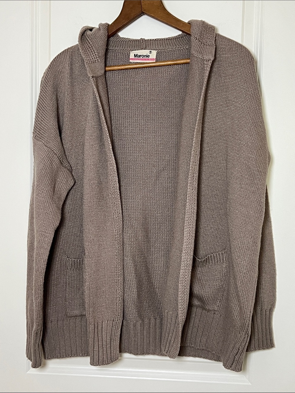 Maronie Hooded Open-Front Knit Cardigan Wool Blend Taupe Brown Small